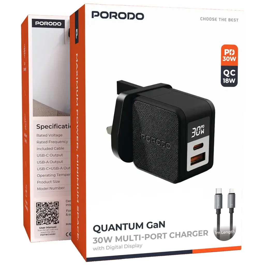 Porodo Quantum 30W GaN Charger with USB-C to Lightning Cable - Black - View 2