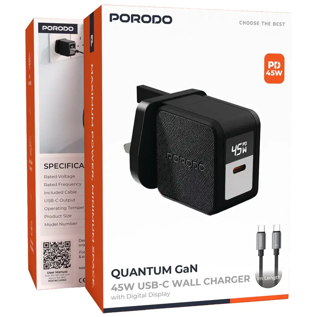 Porodo Quantum 45W USB-C UK GaN Charger with Digital Screen & USB-C Cable - View 3