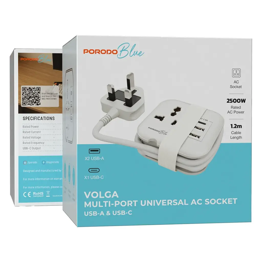 Porodo Blue Volga Multi-Port Universal AC Socket - White - View 2