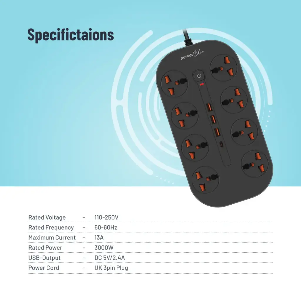 Porodo Blue 8-Outlet AC Power Strip - Black - View 2