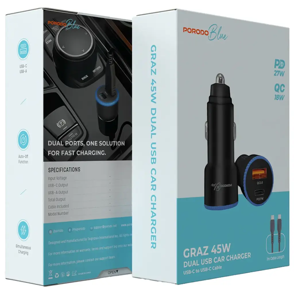 Porodo Blue Graz 45W Dual-USB Car Charger with Indicator Light - View 3