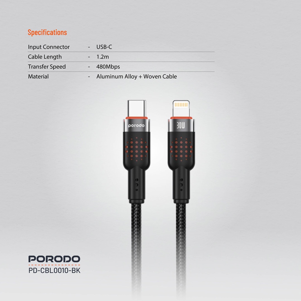 Porodo Aluminium Braided USB-C to Lightning Charging Cable - View 2
