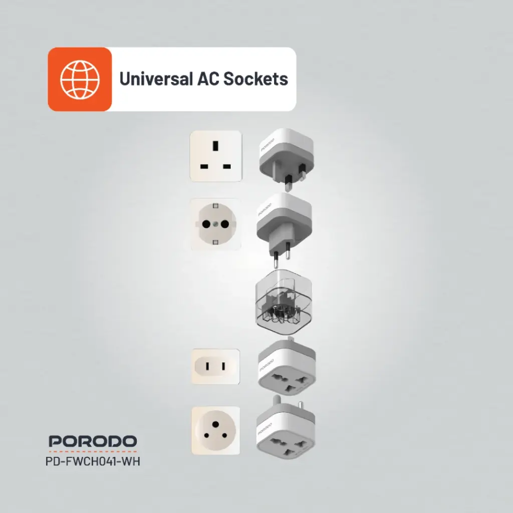 Porodo Universal AC Travel Adapter for 150+ Countries - White - View 2