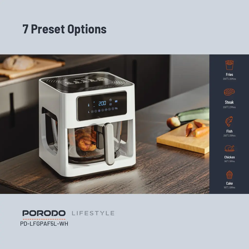 Porodo 5L Glass Air Fryer - Kitchen Use