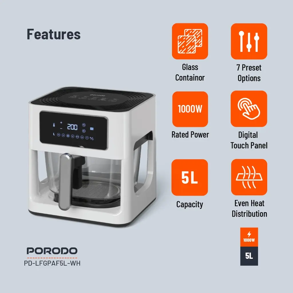 Porodo 5L Glass Air Fryer - Features