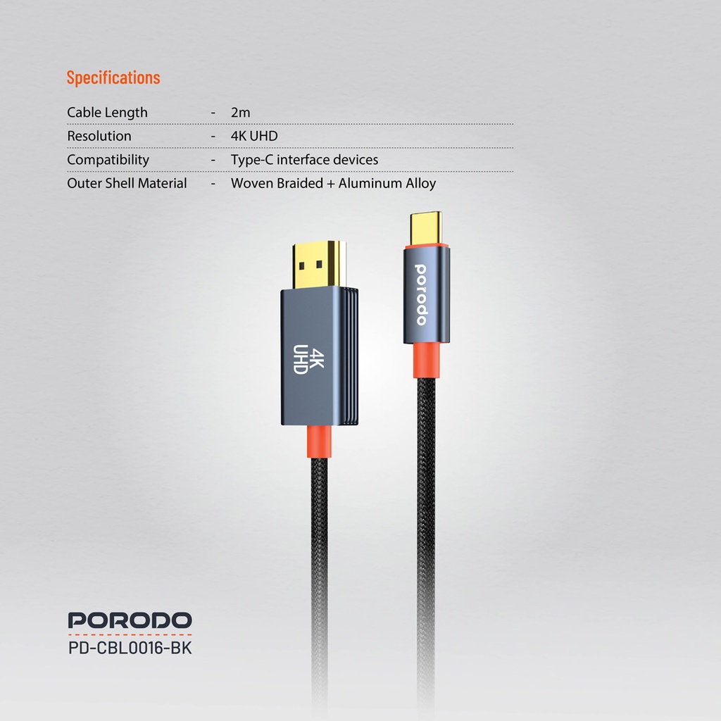 Porodo USB-C to HDMI Woven Cable, 4K 60Hz, 2m - Specifications
