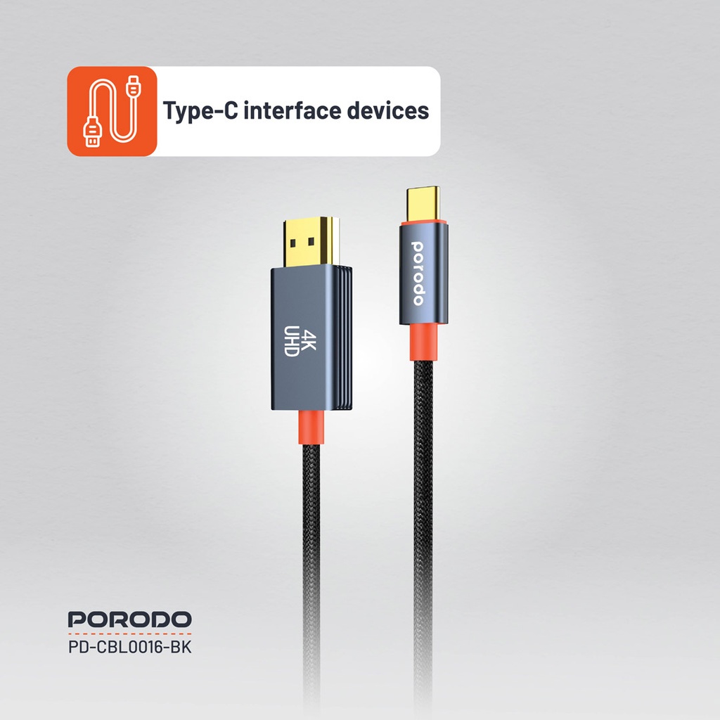 Porodo USB-C to HDMI Woven Cable, 4K 60Hz, 2m - USB-C Connector