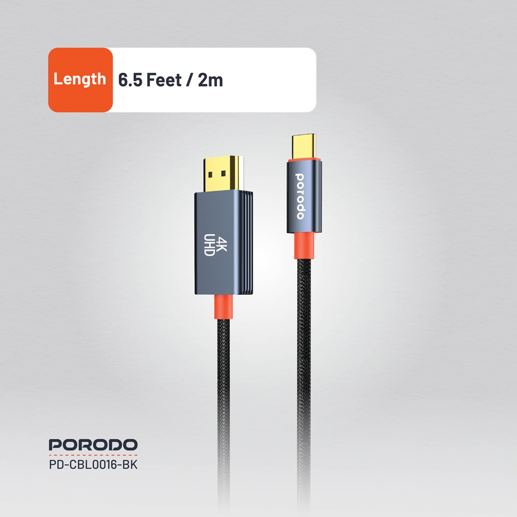 Porodo USB-C to HDMI Woven Cable, 4K 60Hz, 2m - Cable Length