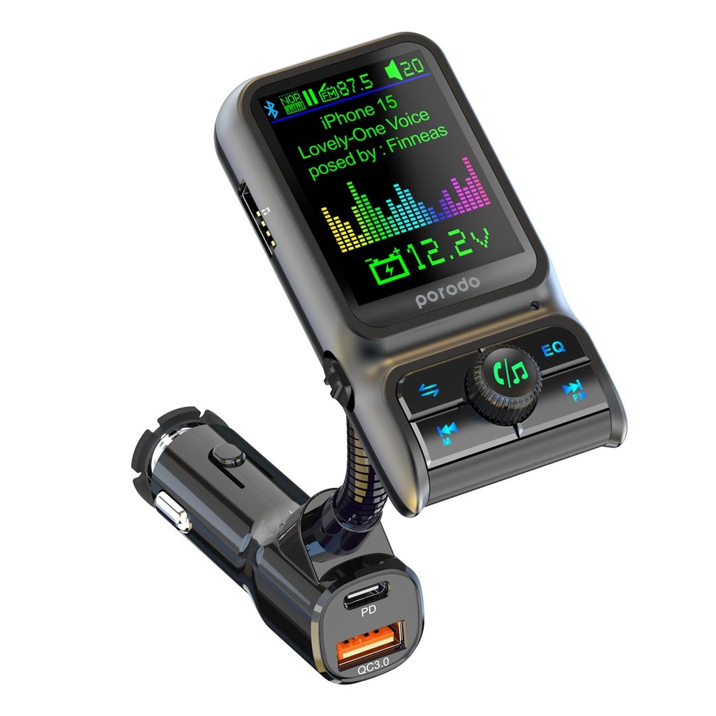 Porodo FM Car Charger with 1.77-Inch Display, PD 36W - Angled View