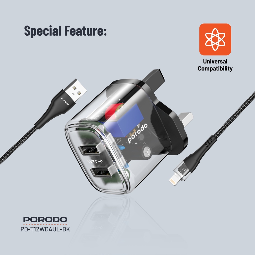 Porodo 12W Dual-Output Wall Charger with Lightning Cable - Transparent Design
