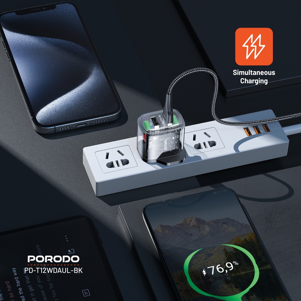 Porodo 12W Dual-Output Wall Charger with Lightning Cable - Charging Example