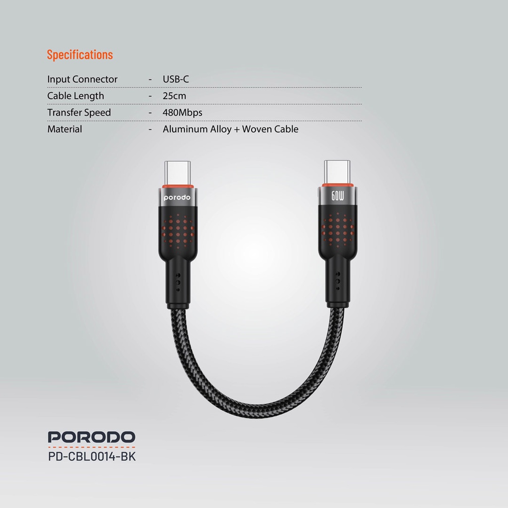 Porodo 60W USB-C to USB-C Braided Cable, 25cm - Specifications