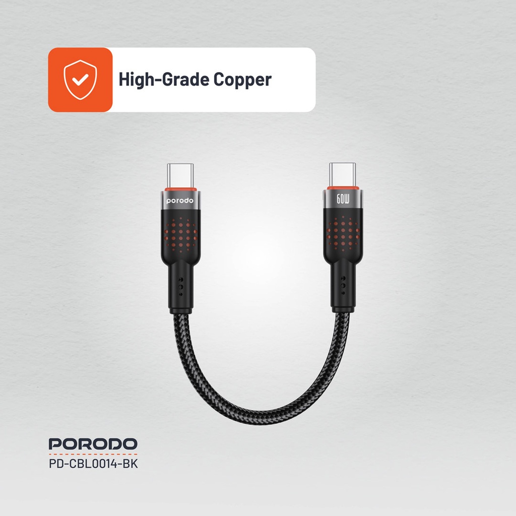 Porodo 60W USB-C to USB-C Braided Cable, 25cm - Copper Conductors