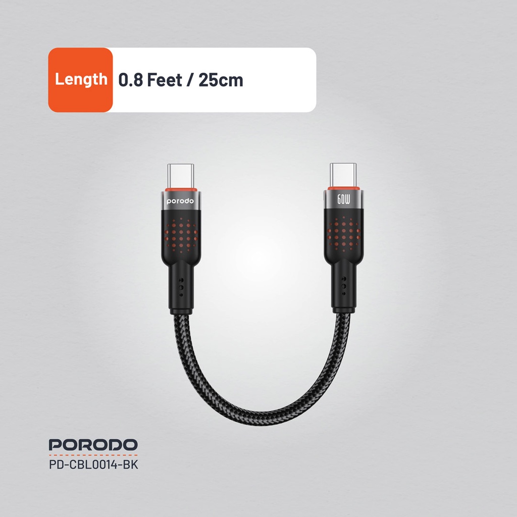 Porodo 60W USB-C to USB-C Braided Cable, 25cm - Cable Length
