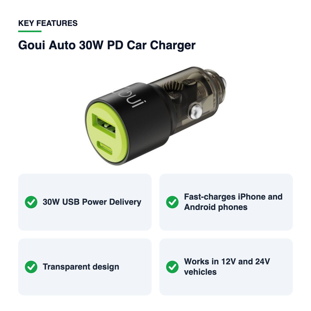 Key features – Goui Auto 30W PD Car Charger – Transparent