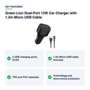 Key features – Green Lion Dual-Port 12W Car Charger with 1.2m Micro USB Cable – Black