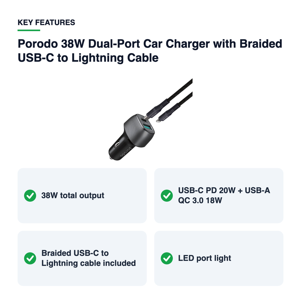 Key features – Porodo 38W Dual-Port Car Charger with Braided USB-C to Lightning Cable – Black