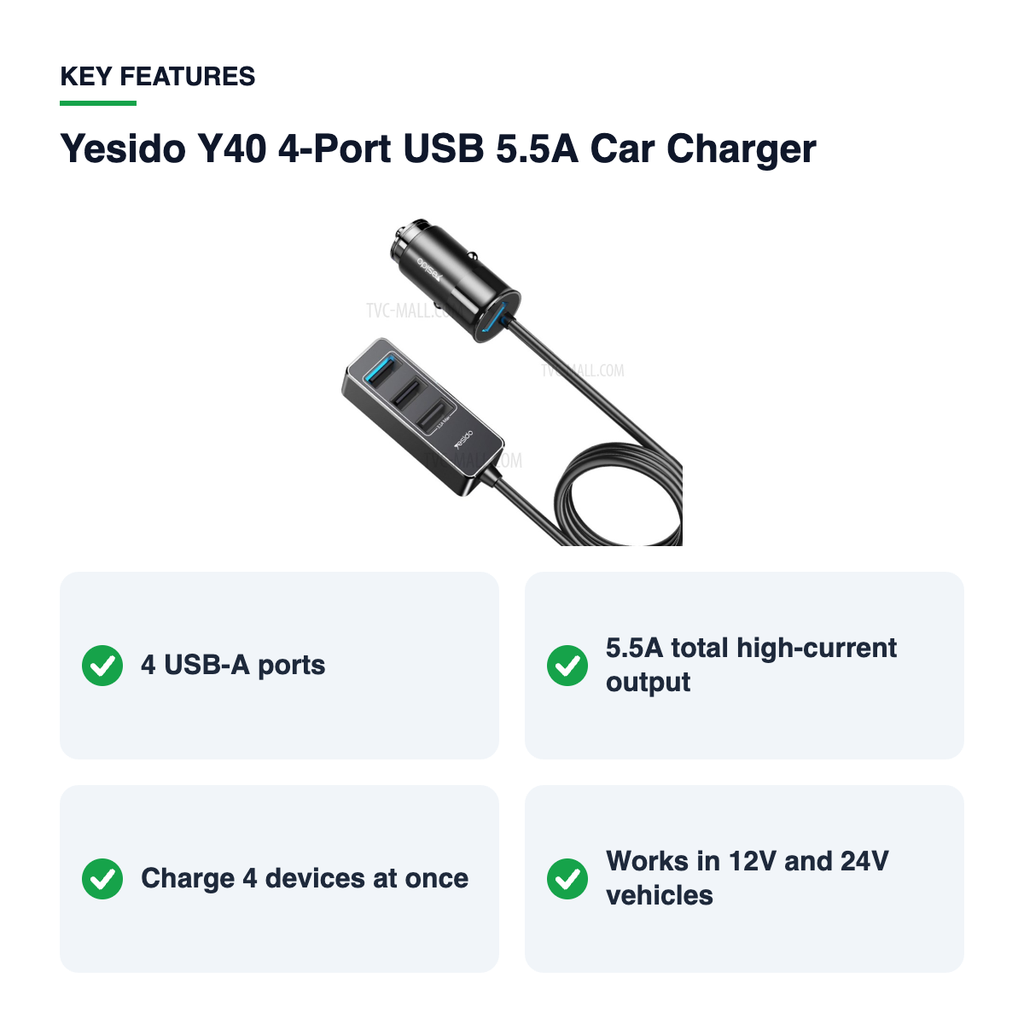 Key features – Yesido Y40 4-Port USB 5.5A Car Charger
