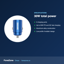 Specifications – Zendure Invisible 30W PD Dual-Port Car Charger – Blue
