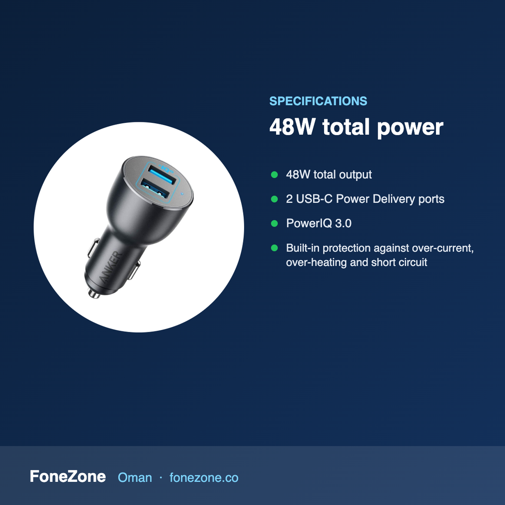 Specifications – Anker PowerDrive+ III Duo 48W Dual USB-C Car Charger