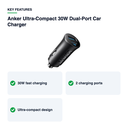 Key features – Anker Ultra-Compact 30W Dual-Port Car Charger – Black