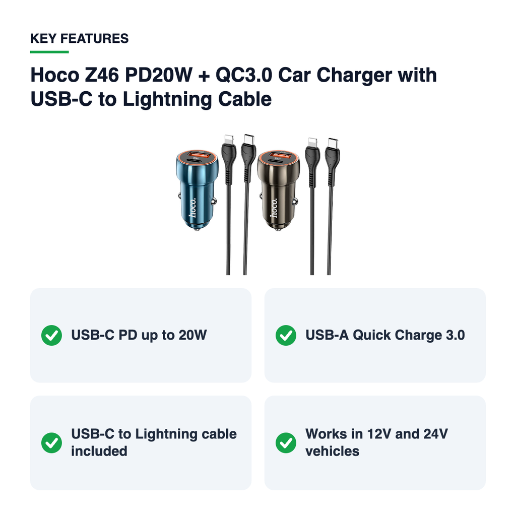Key features – Hoco Z46 PD20W + QC3.0 Car Charger with USB-C to Lightning Cable