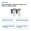 Key features – Hoco Z46 PD20W + QC3.0 Car Charger with USB-C to Lightning Cable