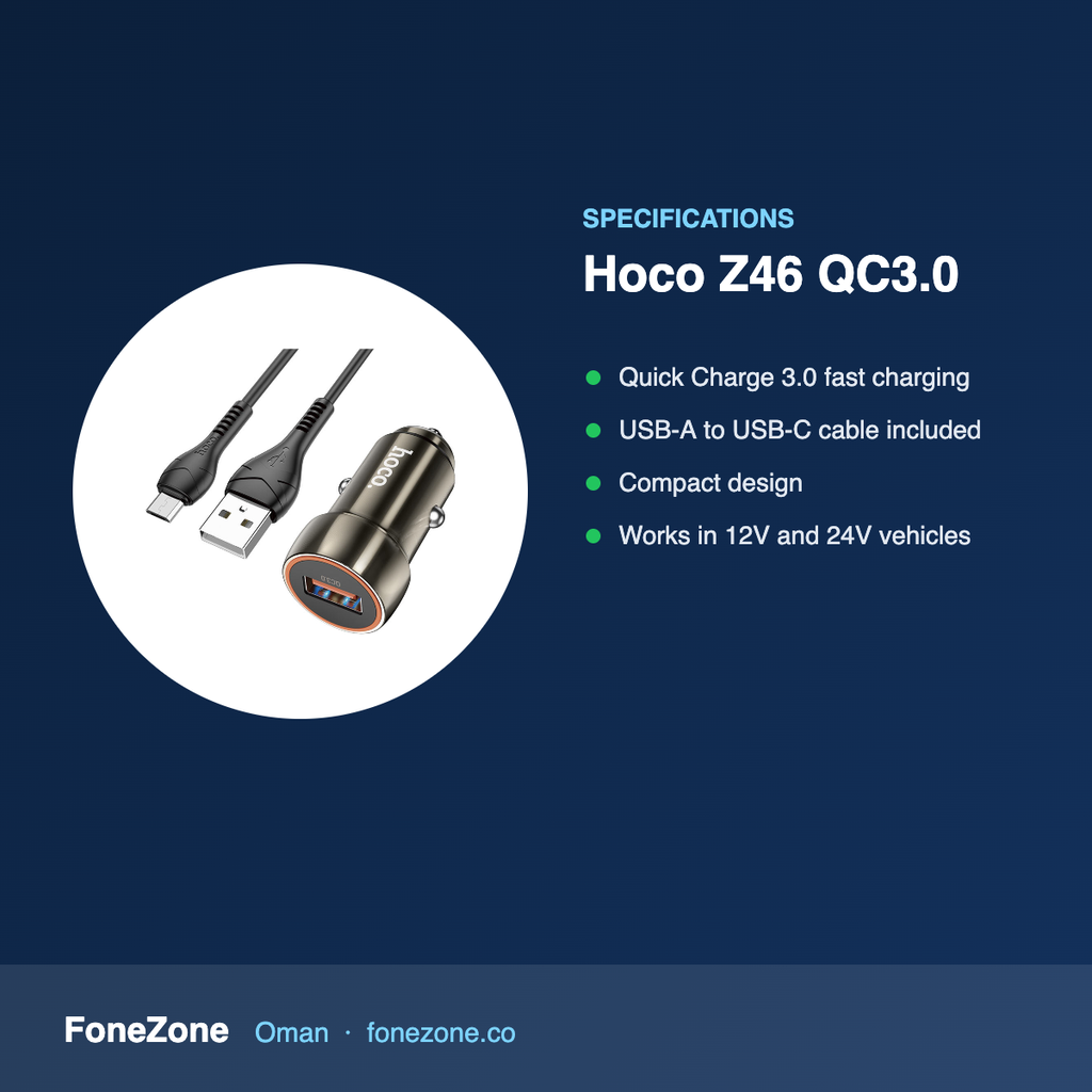 Specifications – Hoco Z46 QC3.0 Car Charger with USB-A to USB-C Cable