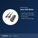 Specifications – Hoco Z46 QC3.0 Car Charger with USB-A to USB-C Cable