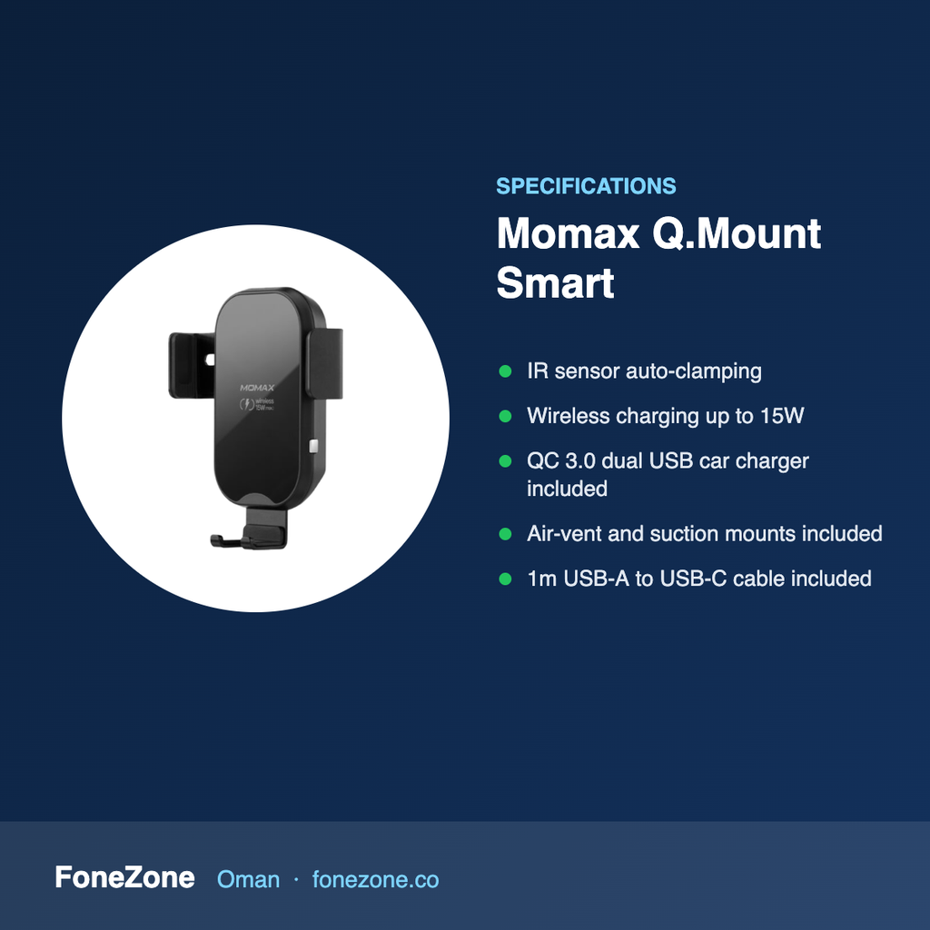 Specifications – Momax Q.Mount Smart 2 IR Auto-Clamping Wireless Charging Car Mount