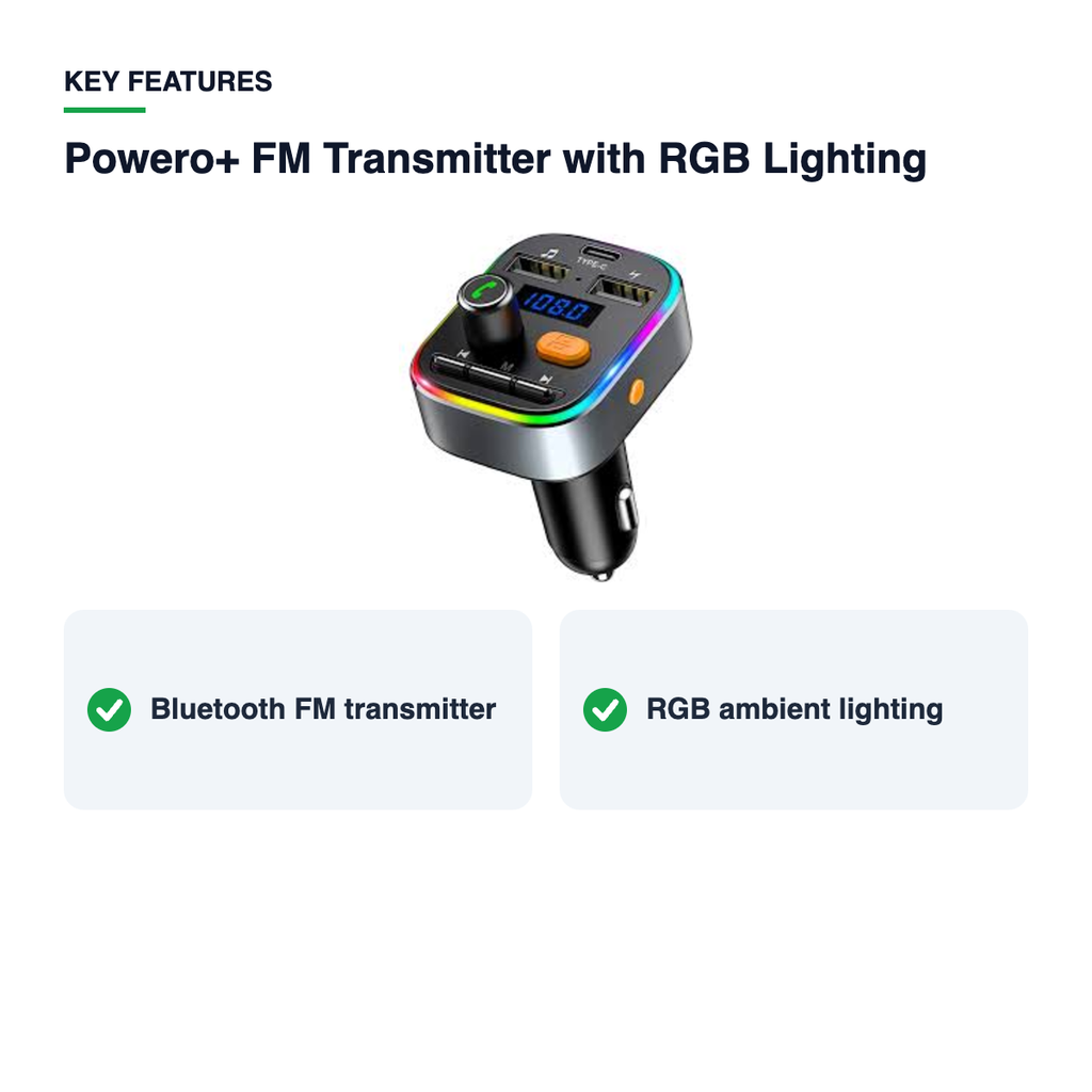 Key features – Powero+ FM Transmitter with RGB Lighting