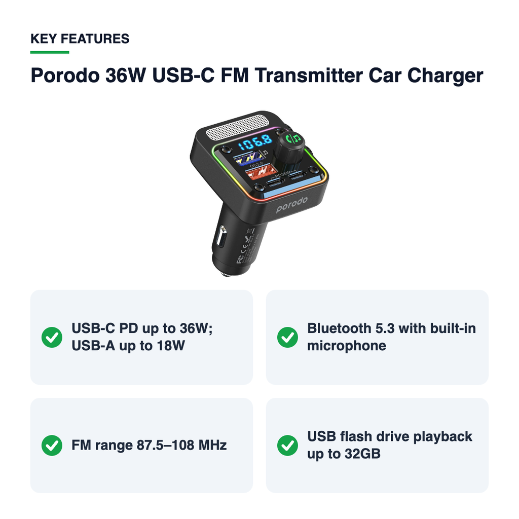 Key features – Porodo 36W USB-C FM Transmitter Car Charger – Black