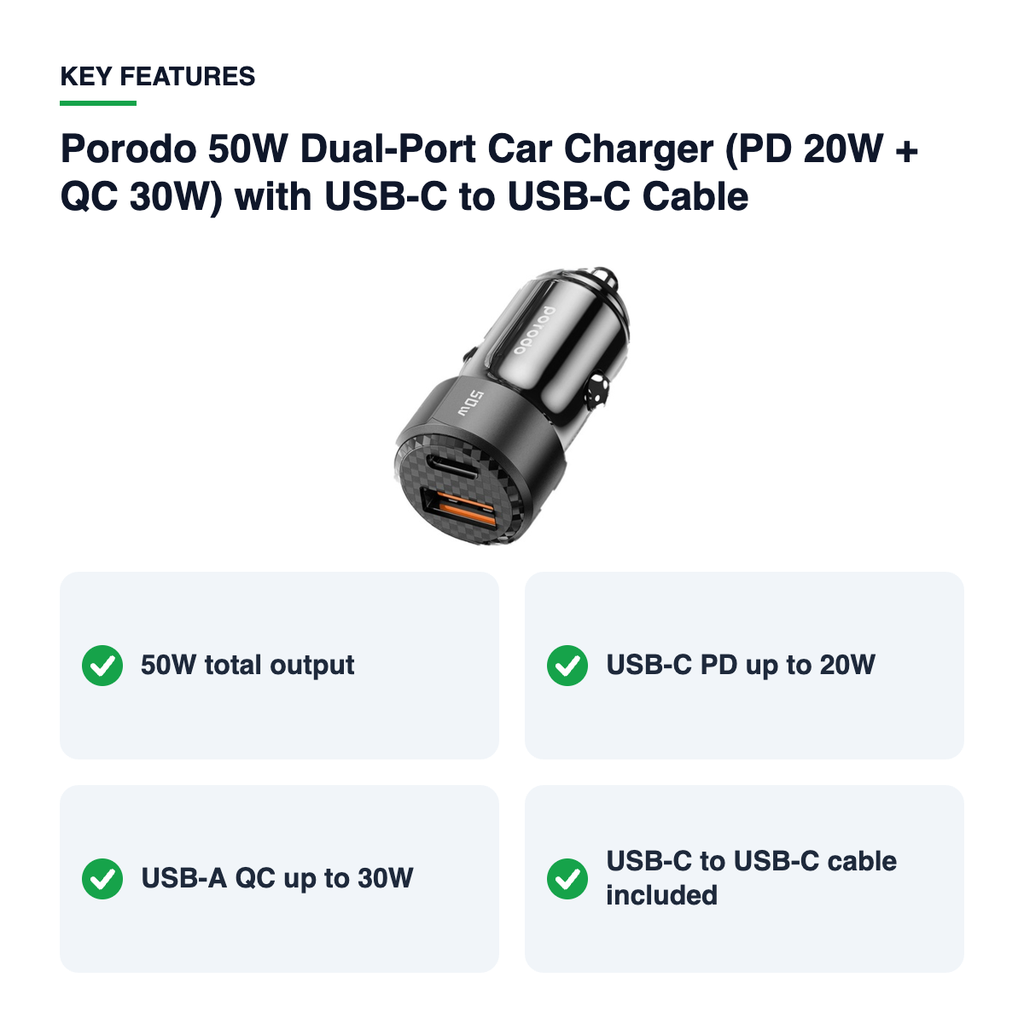 Key features – Porodo 50W Dual-Port Car Charger (PD 20W + QC 30W) with USB-C to USB-C Cable – B