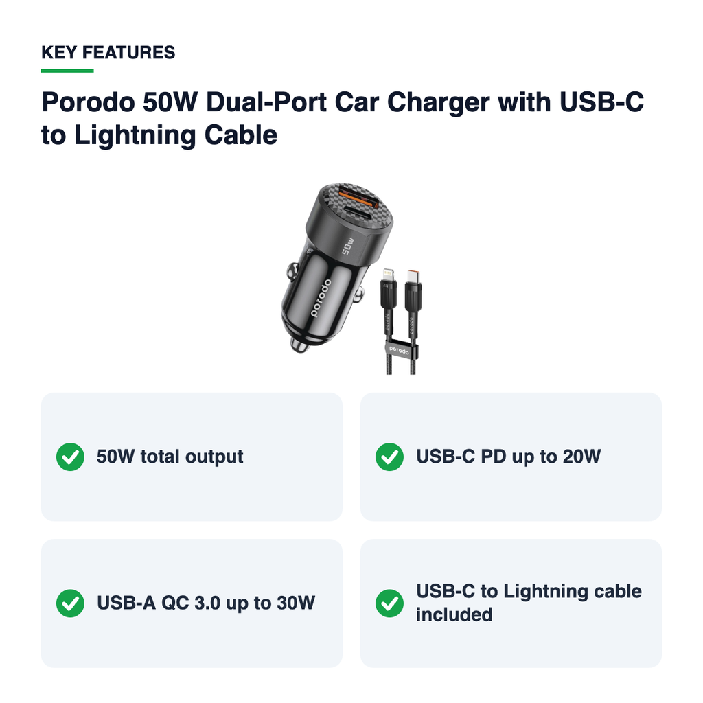 Key features – Porodo 50W Dual-Port Car Charger with USB-C to Lightning Cable – Black