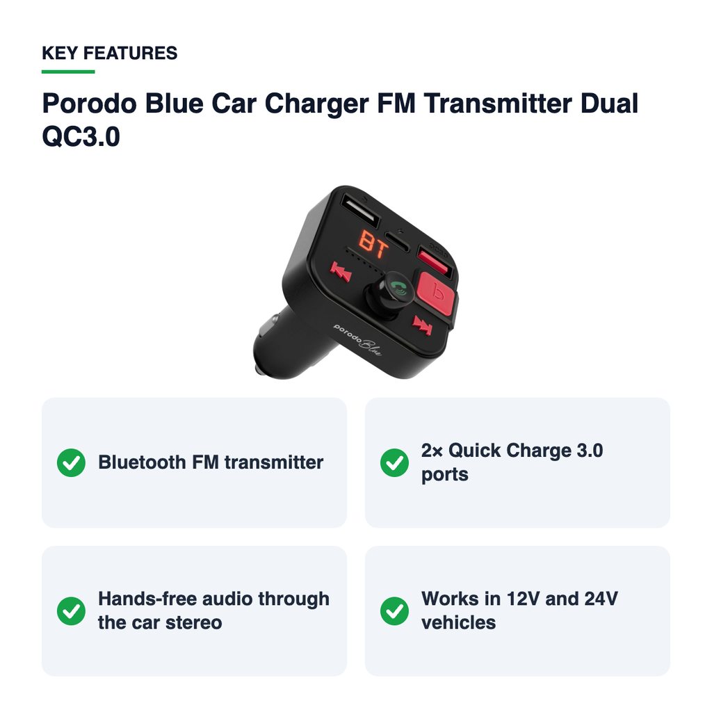 Key features – Porodo Blue Car Charger FM Transmitter Dual QC3.0 – Black