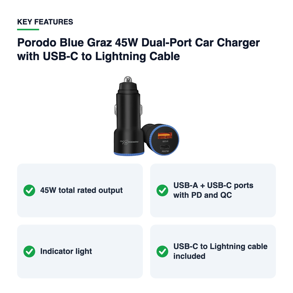 Key features – Porodo Blue Graz 45W Dual-Port Car Charger with USB-C to Lightning Cable