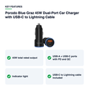 Key features – Porodo Blue Graz 45W Dual-Port Car Charger with USB-C to Lightning Cable