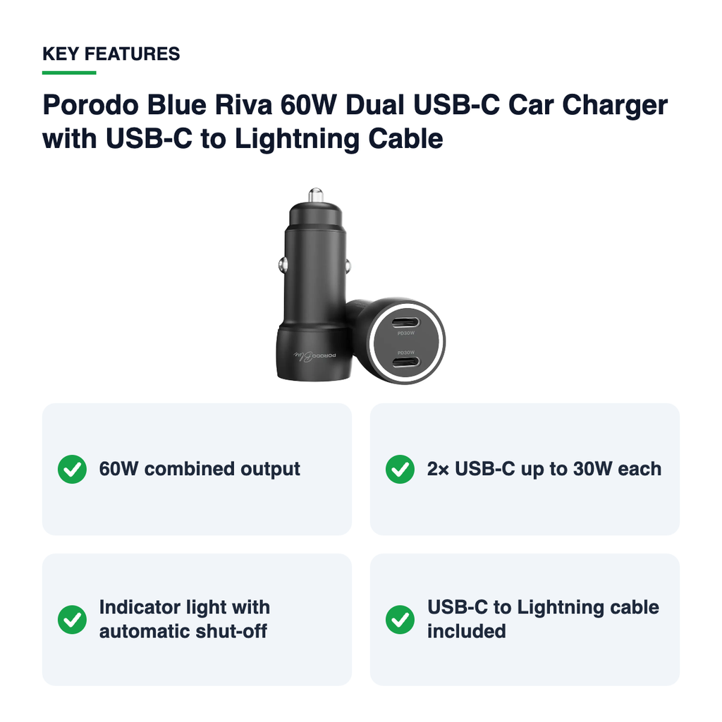 Key features – Porodo Blue Riva 60W Dual USB-C Car Charger with USB-C to Lightning Cable