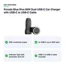 Key features – Porodo Blue Riva 60W Dual USB-C Car Charger with USB-C to USB-C Cable