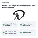 Key features – Porodo Car Charger with Integrated USB-C and Lightning Cables – Black