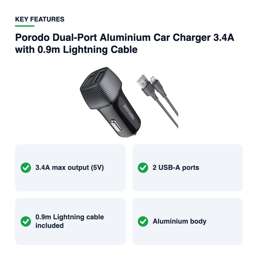 Key features – Porodo Dual-Port Aluminium Car Charger 3.4A with 0.9m Lightning Cable – Black