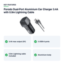 Key features – Porodo Dual-Port Aluminium Car Charger 3.4A with 0.9m Lightning Cable – Black
