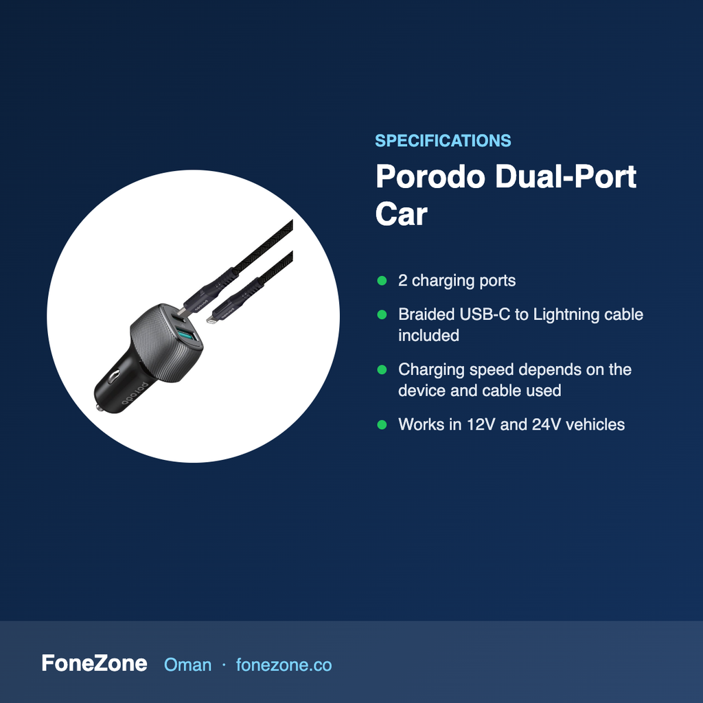 Specifications – Porodo Dual-Port Car Charger with Braided USB-C to Lightning Cable