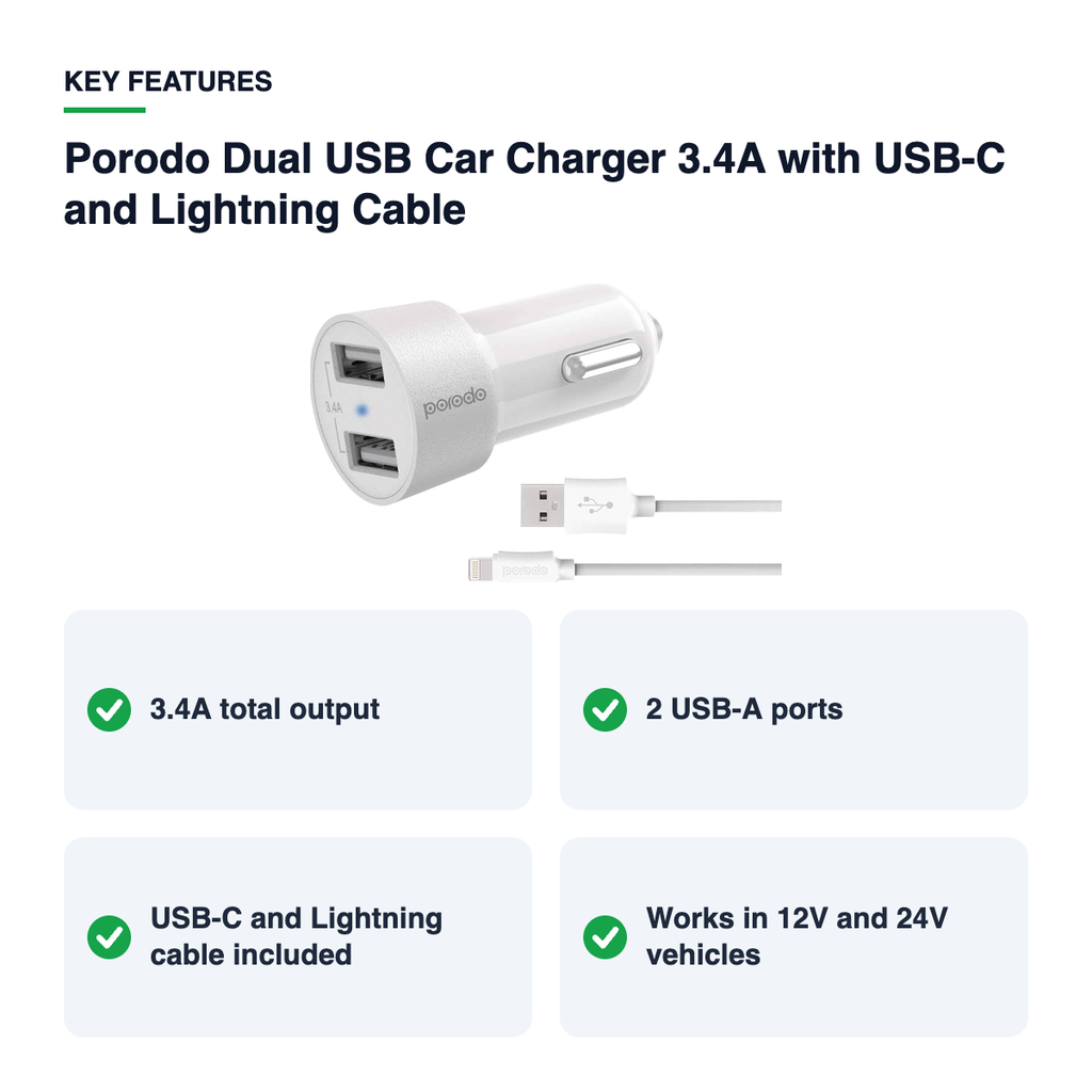 Key features – Porodo Dual USB Car Charger 3.4A with USB-C and Lightning Cable