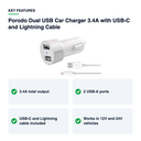 Key features – Porodo Dual USB Car Charger 3.4A with USB-C and Lightning Cable