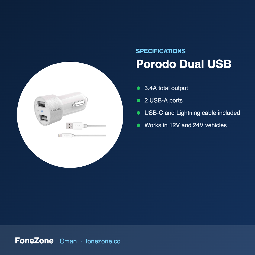 Specifications – Porodo Dual USB Car Charger 3.4A with USB-C and Lightning Cable