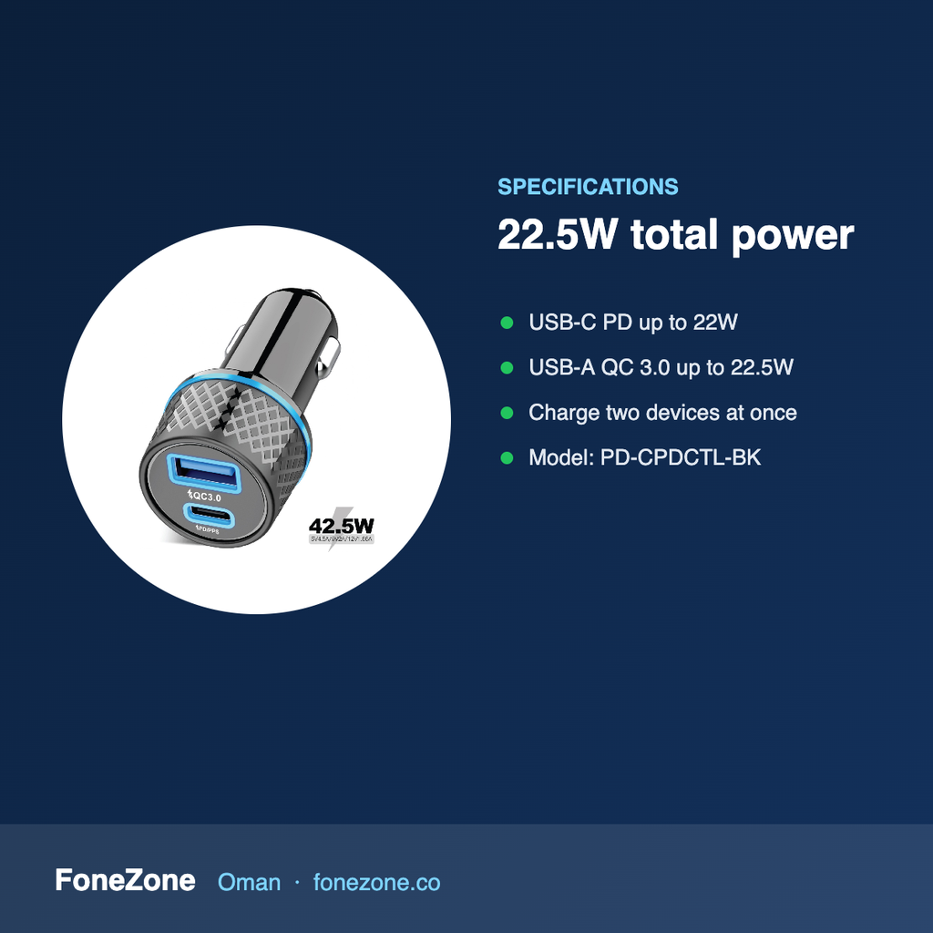Specifications – Porodo Dual-Port Car Charger with QC 3.0 22.5W and PD 22W