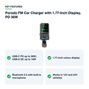 Key features – Porodo FM Car Charger with 1.77-Inch Display, PD 36W – Black