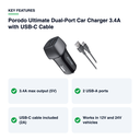 Key features – Porodo Ultimate Dual-Port Car Charger 3.4A with USB-C Cable
