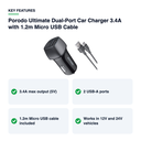 Key features – Porodo Ultimate Dual-Port Car Charger 3.4A with 1.2m Micro USB Cable